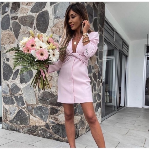ZARA V-Neck Pink Draped Blazer Dress - Picture 7 of 13